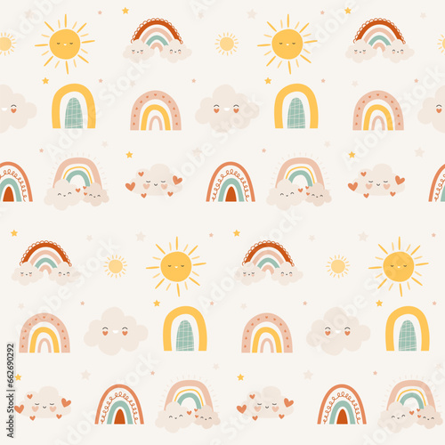 Cute rainbow sun pattern. Seamless print of childish abstract happy elements, kids background for wrapping paper textile. Vector texture