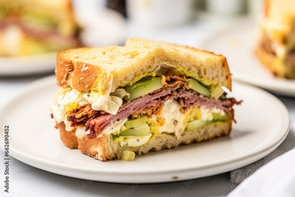 overstuffed sandwich on a plate with no bites taken overstuffed sandwich on a plate with no bites taken