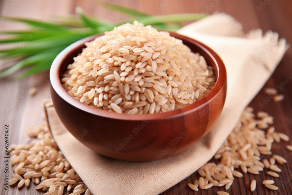 uncooked grains of brown rice in a bamboo bowl uncooked grains of brown rice in a bamboo bowl