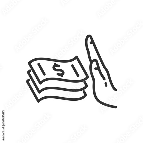 Denial of money, linear icon. Hand showing stop gesture. Line with editable stroke