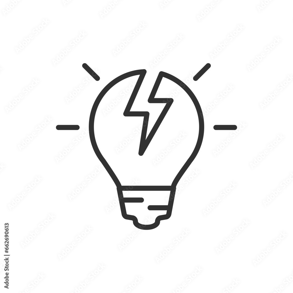 Idea shattered, linear icon. The lamp is cracked. Line with editable stroke Idea shattered, linear icon. The lamp is cracked. Line with editable stroke