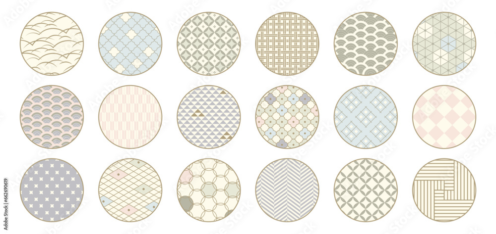 Set of Japanese Circle Patterns. Asian Oriental Style Design Ornaments for Decorative Graphic, Fabric, Festive Illustrations. Set of Japanese Circle Patterns. Asian Oriental Style Design Ornaments for Decorative Graphic, Fabric, Festive Illustrations.