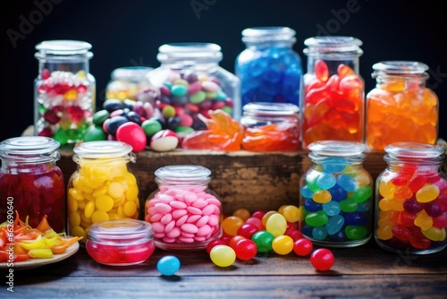 glass jars filled with colorful candies and sweets