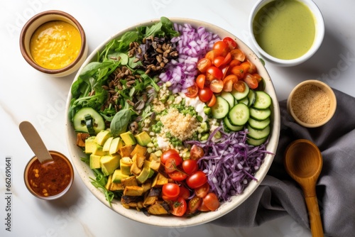bowl of salad surrounded by dressing and toppings