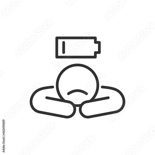 Person is tired, runs out of energy, linear icon. Low battery. Line with editable stroke