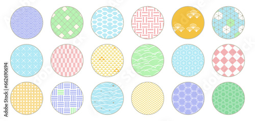Japanese Traditional Design Patterns. Circles with Geometric Minimalist Waves, Shapes and Rounds. Vintage Textile Art, Zen Harmony in Oriental Aesthetic. Vector Collection for Craft, Designs, Fabrics.