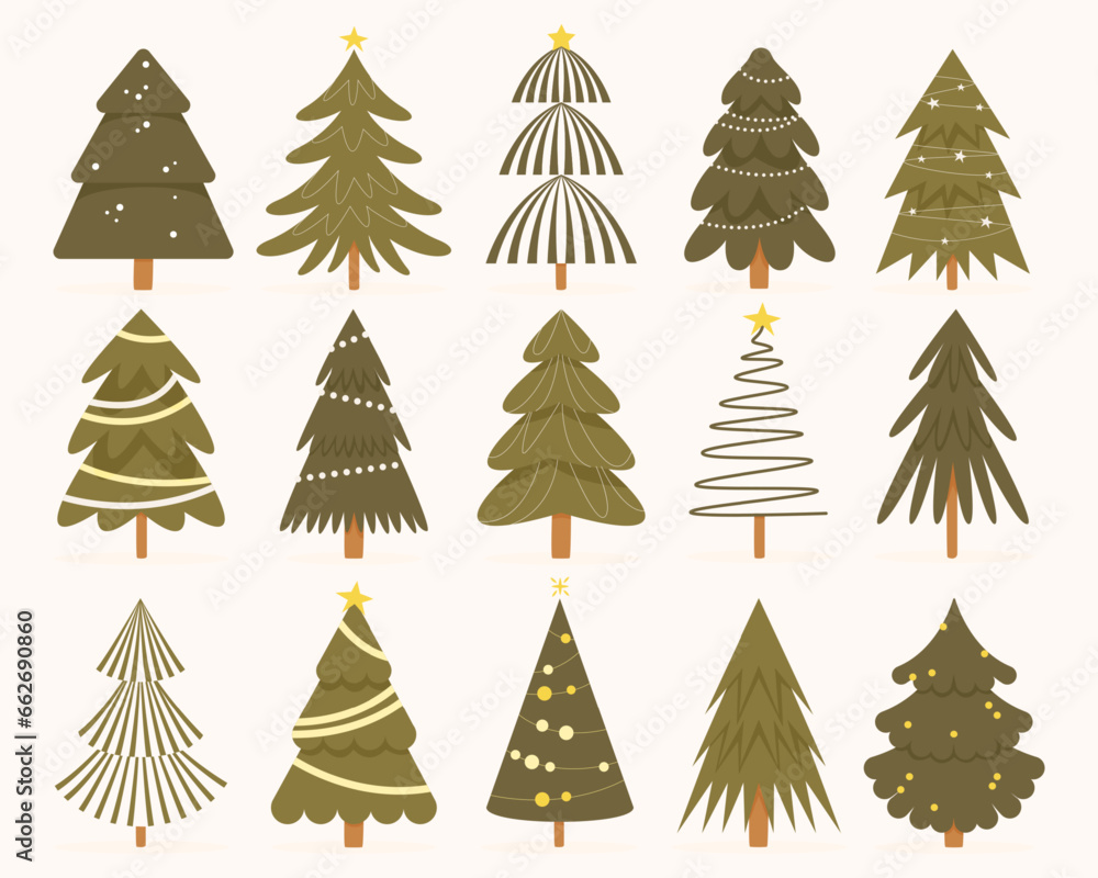 Obraz premium Christmas trees collection. Cartoon christmas tree with presents and toys, colorful fir Christmas trees with ornaments. Vector set
