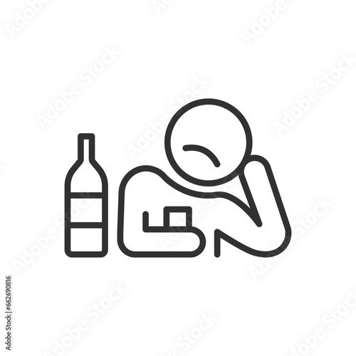 Person sad drinks alcohol, linear icon. Alcoholism. Line with editable stroke