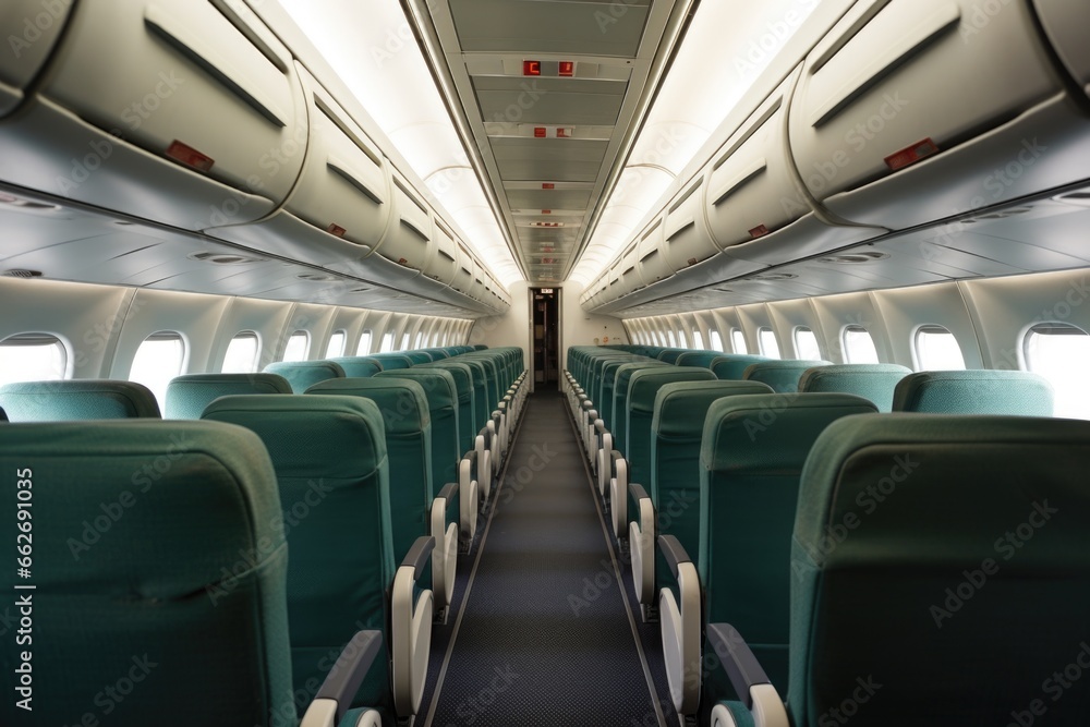 overhead compartments inside an empty business class plane cabin