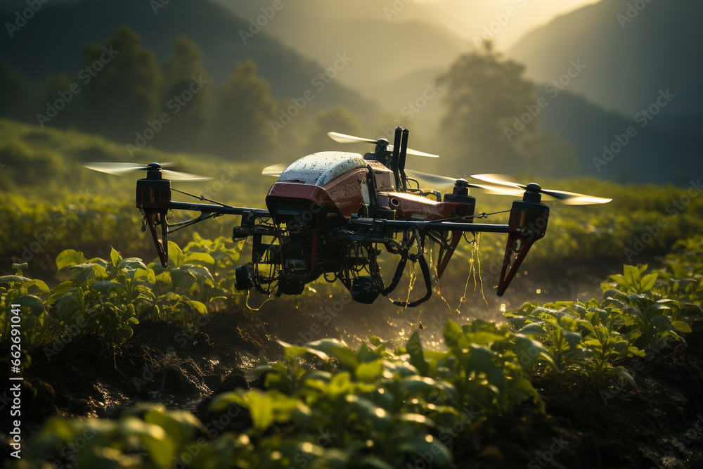 Agriculture drone in action, precisely spraying fertilizer over lush crops. Cutting-edge technology optimizes crop growth. Ai generated