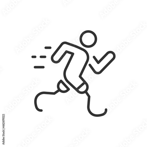 Man with prosthetic legs running, linear icon. Paralympic sport. Line with editable stroke
