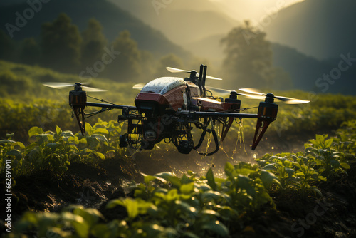 Agriculture drone in action, precisely spraying fertilizer over lush crops. Cutting-edge technology optimizes crop growth. Ai generated © twindesigner