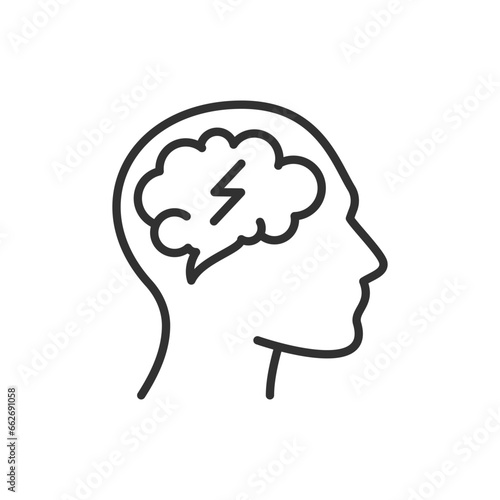 Brain activity, linear icon. Lightning in the brain in a man's head. Line with editable stroke