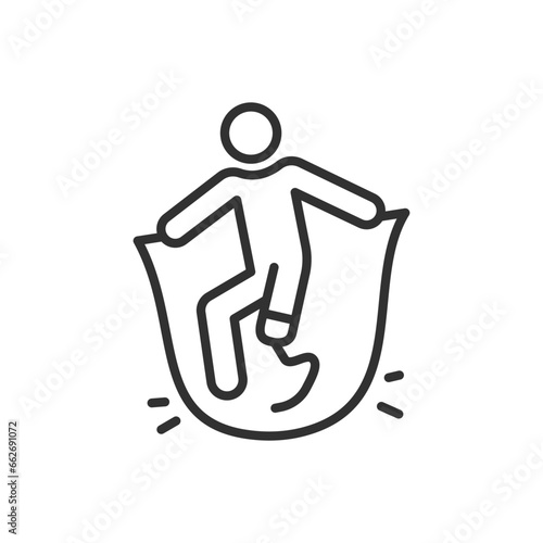 Person with prosthetic leg jumps on jump rope, linear icon. Line with editable stroke