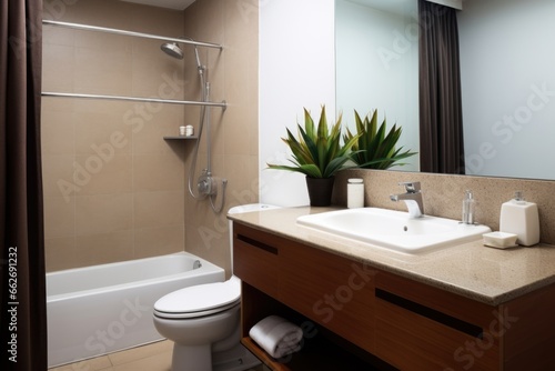 a minimalist business-suite bathroom with amenities