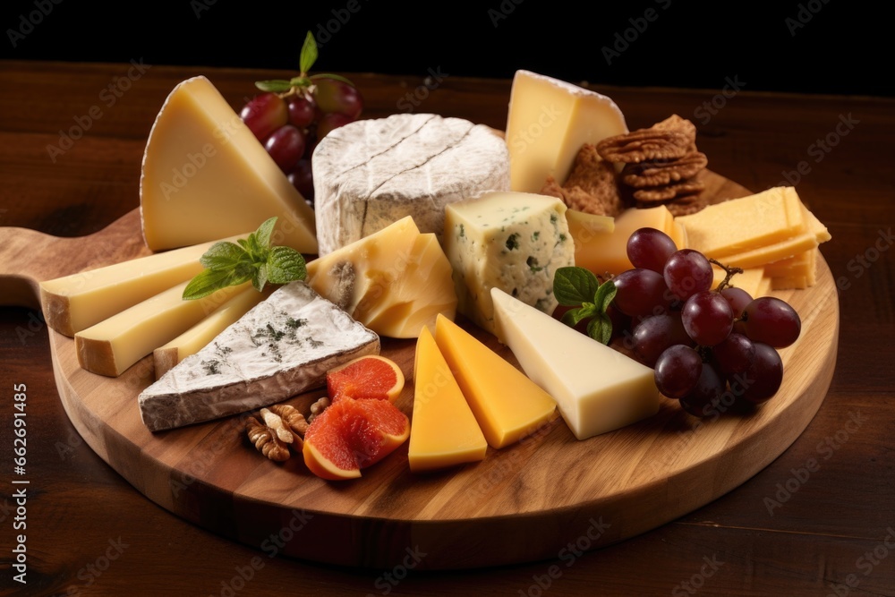several types of cheese arranged on a wooden board