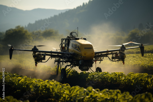 Agriculture drone in action, precisely spraying fertilizer over lush crops. Cutting-edge technology optimizes crop growth. Ai generated photo