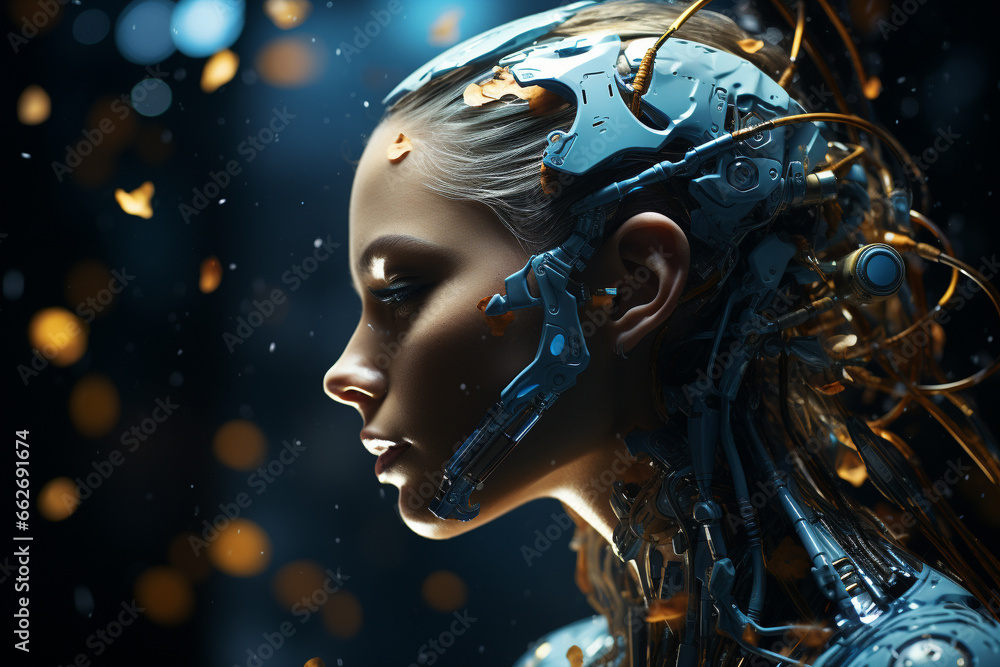 Female humanoid robot, symbolizing the embodiment of artificial intelligence and the cutting-edge advancements in technology. Ai generated Female humanoid robot, symbolizing the embodiment of artificial intelligence and the cutting-edge advancements in technology. Ai generated