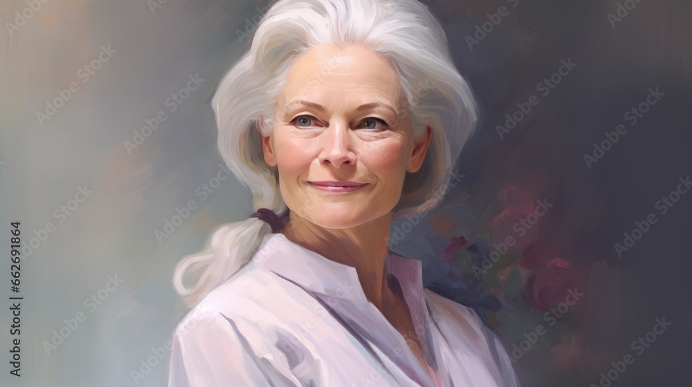 Radiant mature woman with flowing hair in soft glow