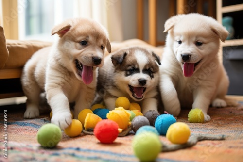 group of puppies playing with toys