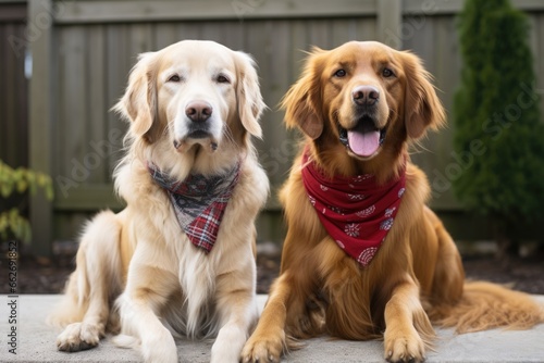 dogs sitting besides each other, both wearing bandanas