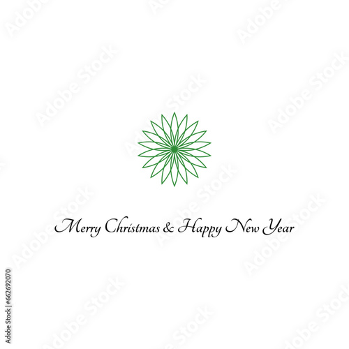 Christmas and New Year greeting card  with one green snowflake in the middle of white background