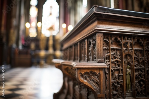 detail of an intricately carved lectern in a cathedral