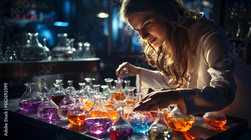 Laboratory Discovery: A scientist in a white lab coat peering into a microscope, surrounded by glassware and colorful chemical reactions. photo