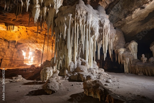 wide-angle shot of a cave room with visible stalactites and stalagmites photo