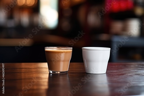 two coffee cups on a cafe counter