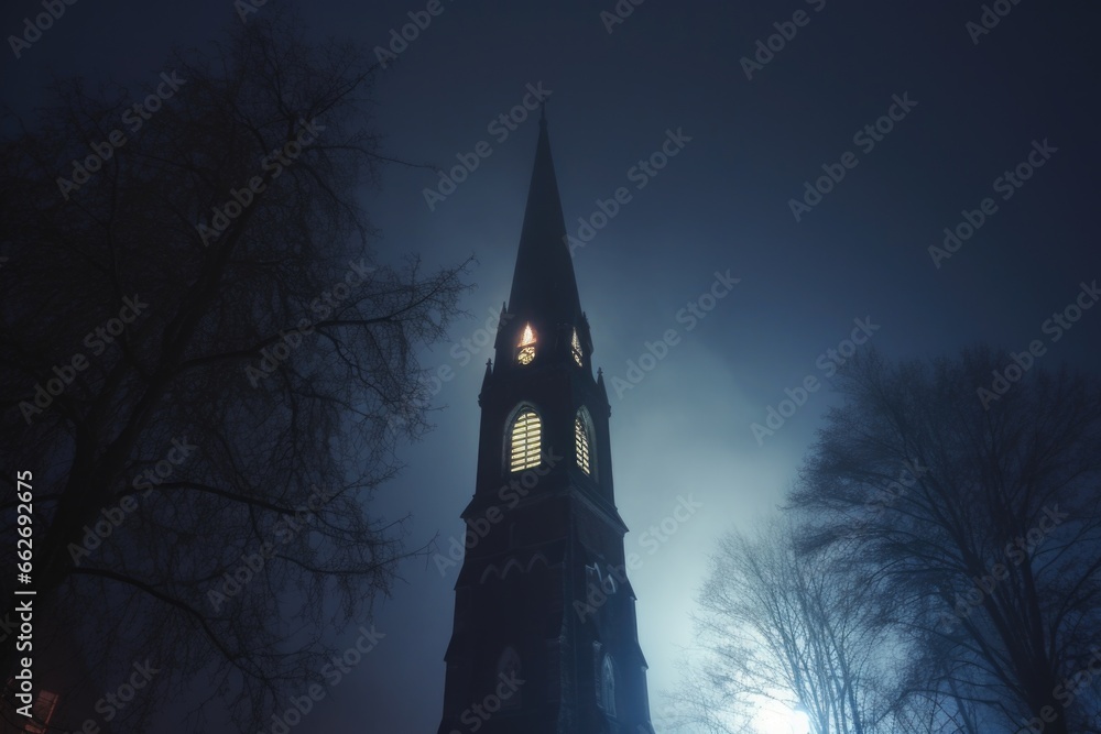 a gothic church tower shrouded in an eerie fog at night - obrazy, fototapety, plakaty 
