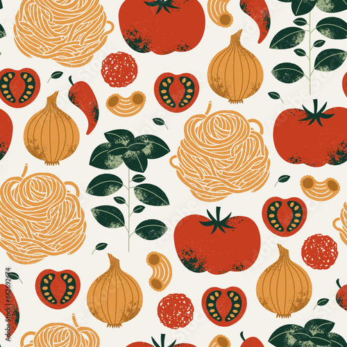 Various healthy food seamless pattern. Keto food. Pasta with tomato and basil with onion and meatballs. Vector illustration