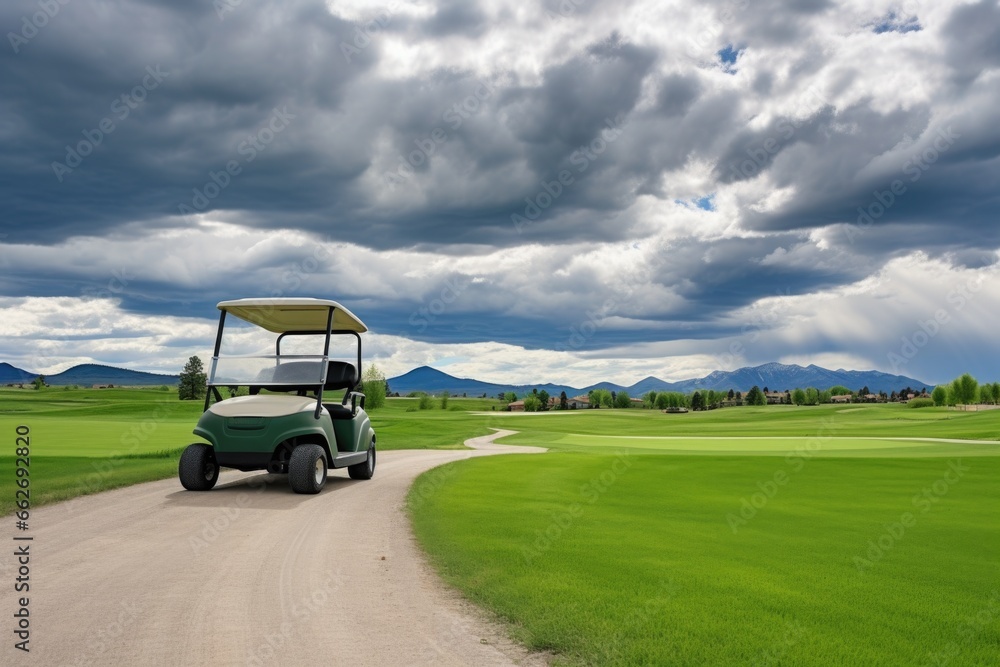 a golf cart in a fairway with a cloudy sky