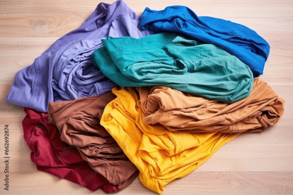 various crumpled t-shirts in seven chakra colors flat-laid