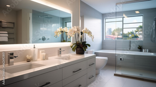 Bathroom with a large white mirror and bright lighting.