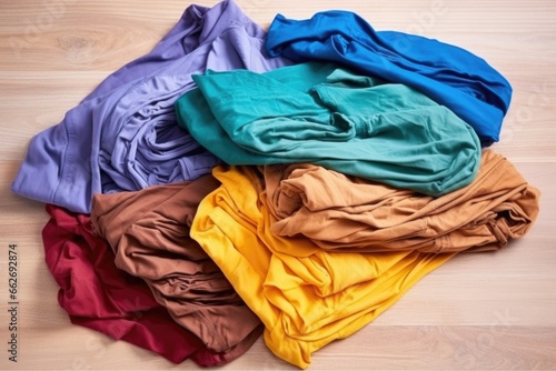 various crumpled t-shirts in seven chakra colors flat-laid