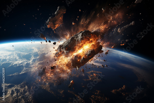 Moment of a giant asteroid impacting Earth, symbolizing the immense power and potential devastation of cosmic collisions. Ai generated