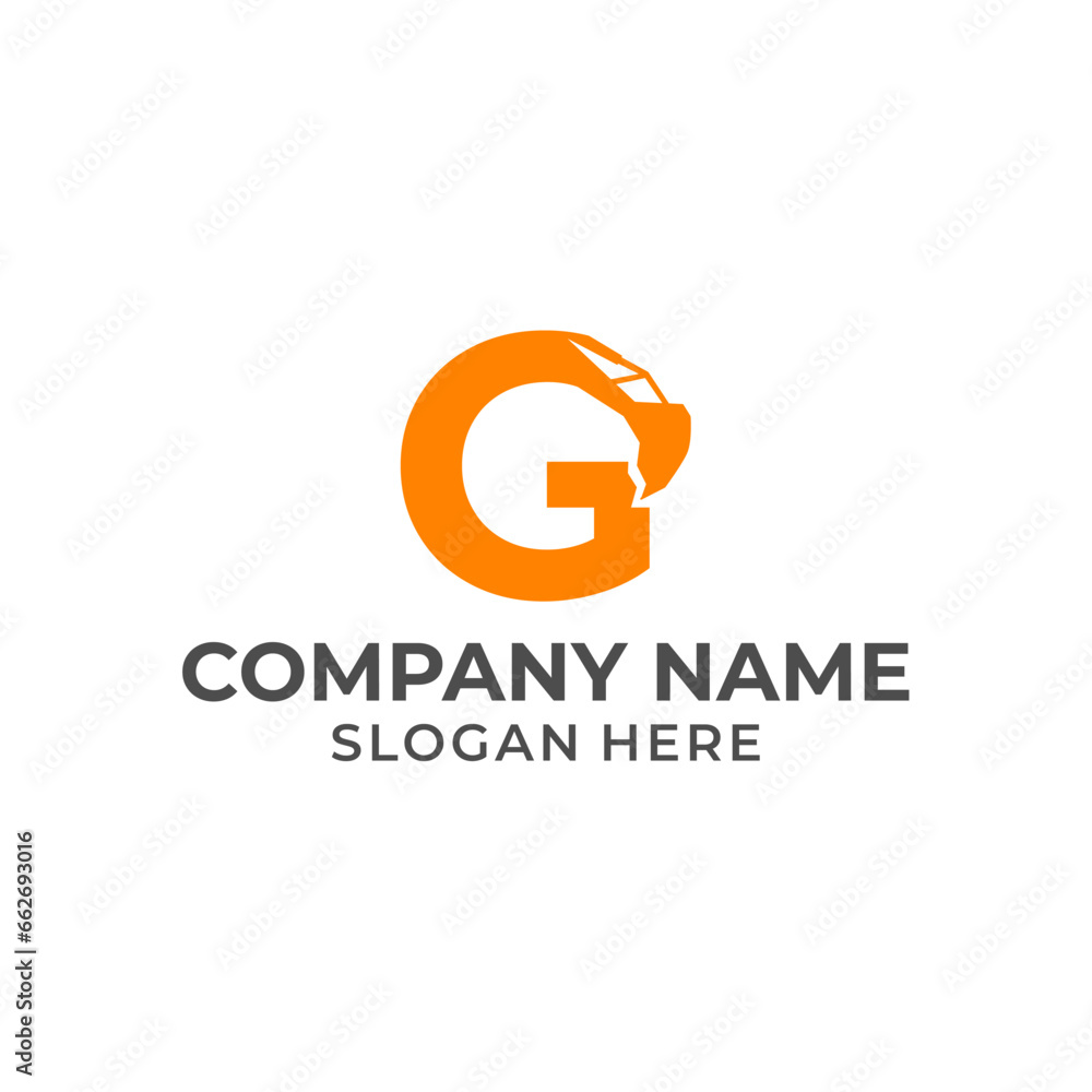 Letter G logo with excavator arm. G excavator logo template, hydraulic logo initials Letter G logo with excavator arm. G excavator logo template, hydraulic logo initials