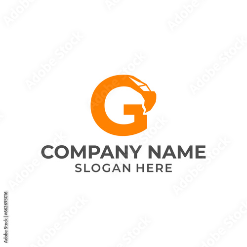 Letter G logo with excavator arm. G excavator logo template, hydraulic logo initials