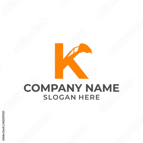 Letter K logo with excavator arm. K excavator logo template, hydraulic logo initials