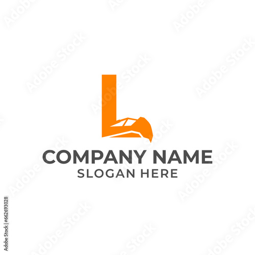 Letter L logo with excavator arm. L excavator logo template, hydraulic logo initials
