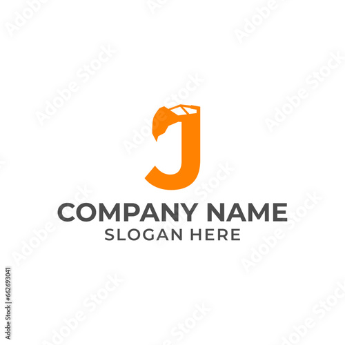 Letter J logo with excavator arm. J excavator logo template, hydraulic logo initials