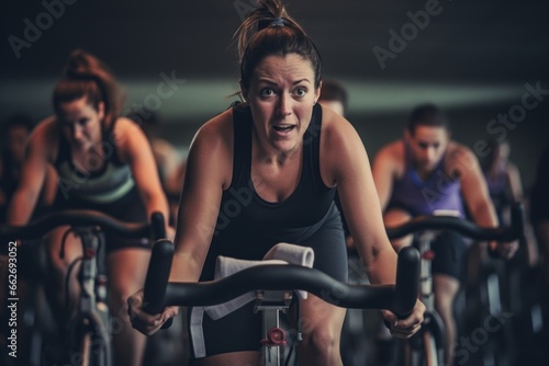 Portrait of sporty women using exercise bike in fitness studio.