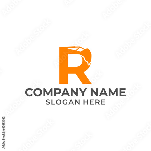 Letter R logo with excavator arm. R excavator logo template, hydraulic logo initials