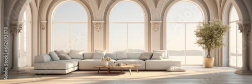 Elegant classic living room with archways and arched door Includes sofa carpet Fototapeta