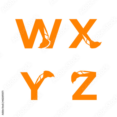 Letter W X Y Z with excavator arm. W X Y Z excavator logo template, hydraulic initials