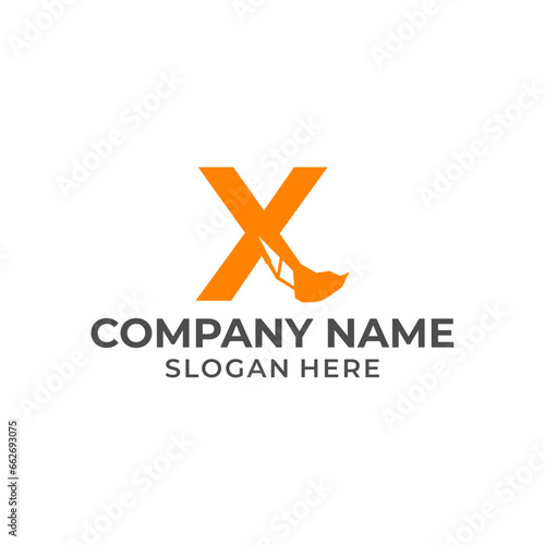 Letter X logo with excavator arm. X excavator logo template, hydraulic logo initials