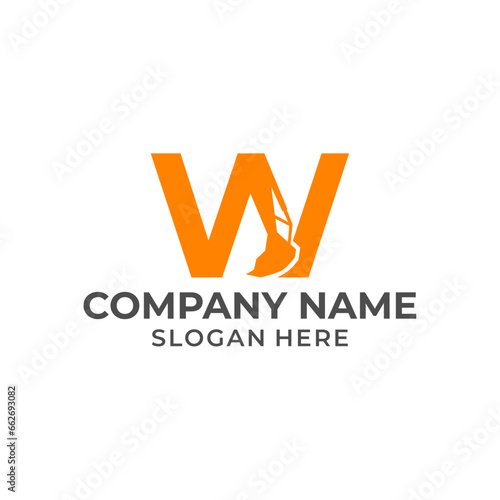 Letter W logo with excavator arm. W excavator logo template, hydraulic logo initials