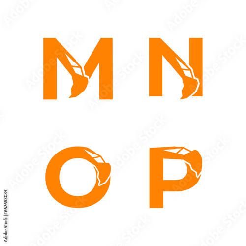 Letter M N O P with excavator arm. M N O P excavator logo template, hydraulic initials