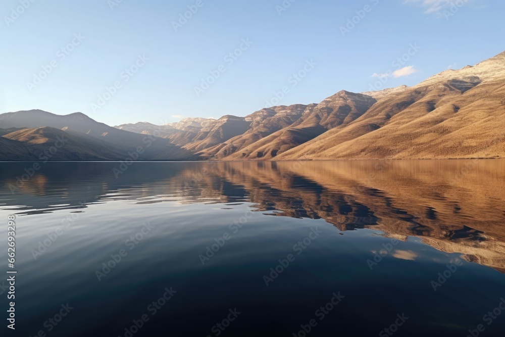 a serene, ripple-free surface of a lake mirroring mountains